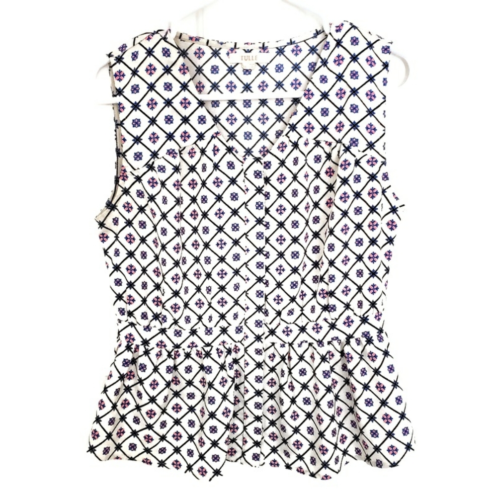 Tulle Sleeveless Peplum Blouse Cream‎ Geometric Print Multicolor Size Small